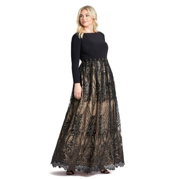 Mac Duggal 67258 Long Sleeve High Neck Lace A Line Evening Gown Black Nude 20W